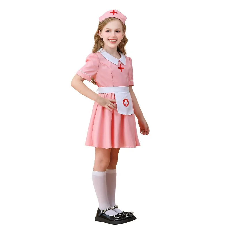Girls Doctor Cosplay Nurse Costume Pink Dress Cute Uniform Hospital Workwear Stage Performance Outfits Halloween Carnival Party view 4