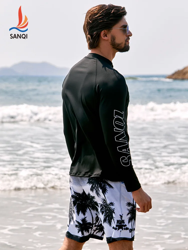 Men Two Pieces Professional WaterProof Beach Sports Swim Shirt Trunks Long Sleeve Quick-Dry Athletic Bathing Shorts Swim Briefs