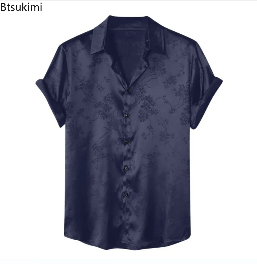 2024 New Men's Jacquard Short-sleeved Shirts Fashion Solid Luxuyy Flower Print Casual Social Shirts Men Simple Versatile Blouses