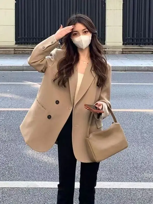 

Caramel Double-Breasted Women's Suit Jacket Fashionable Slimming Design Casual Style Long Sleeve Polyester Fabric Office Wear