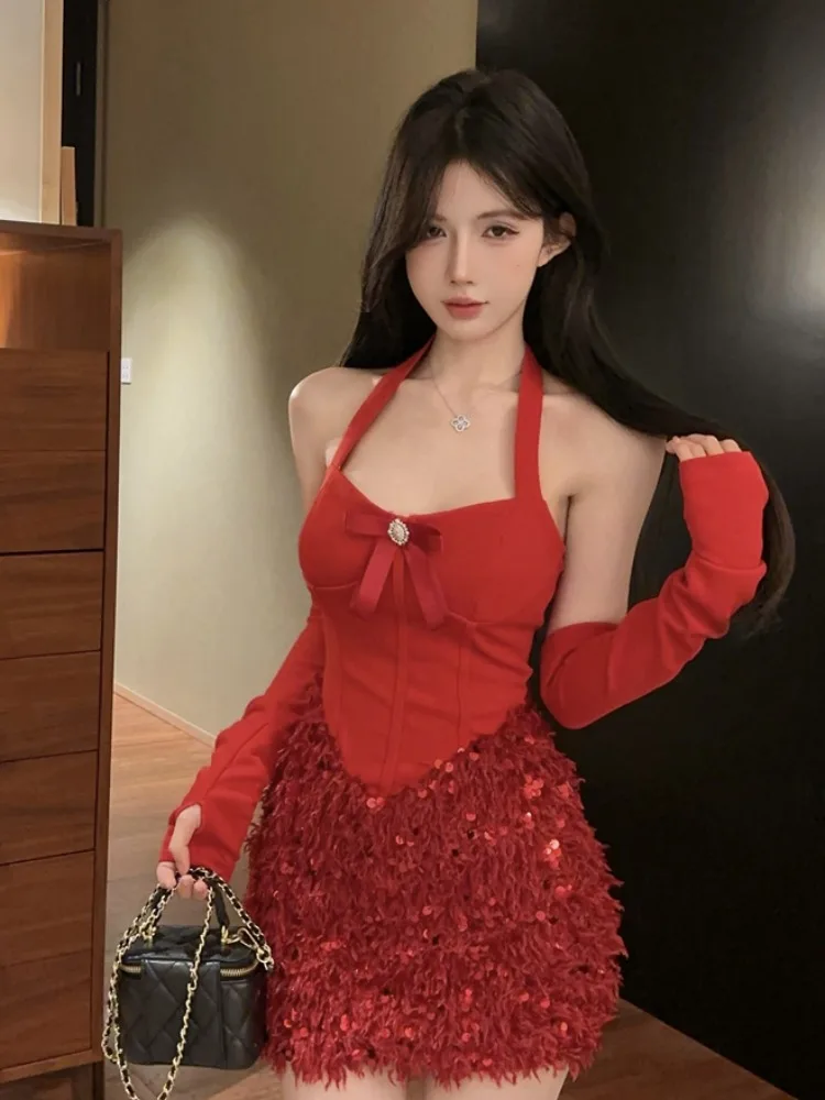 

Red Knot Hanging Neck Christmas Atmosphere Sexy Anti-Aging Velvet Shiny Women's Dress Korean Style Commute Summer S...