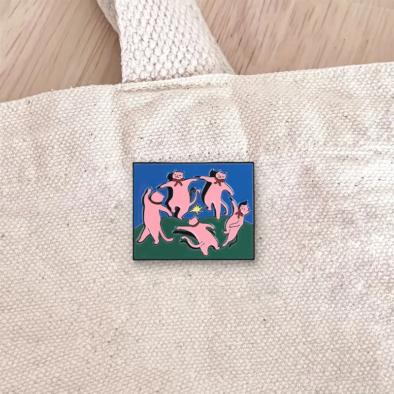 Cute Pink Dancing Cats Enamel Pin Retro Art Style Brooch Funny Kitty Group Lapel Badge Jewelry Gift For Cat Lovers