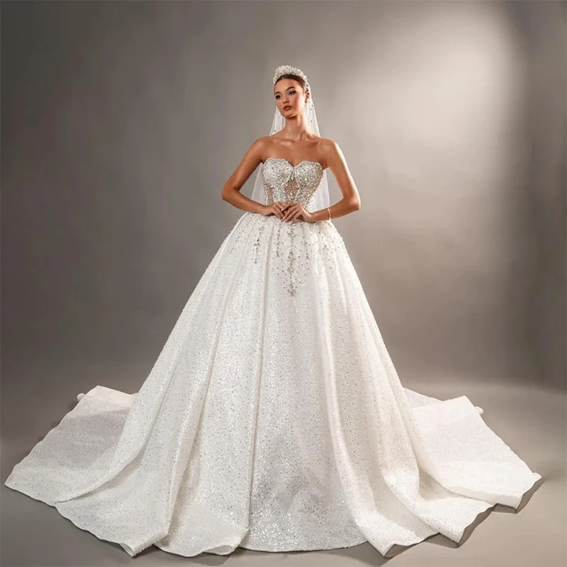 Glitter trouwjurk organza met kraal baljurk strapless mouwloos op maat gemaakte bruidjurk met veters vestido de novia pailletten