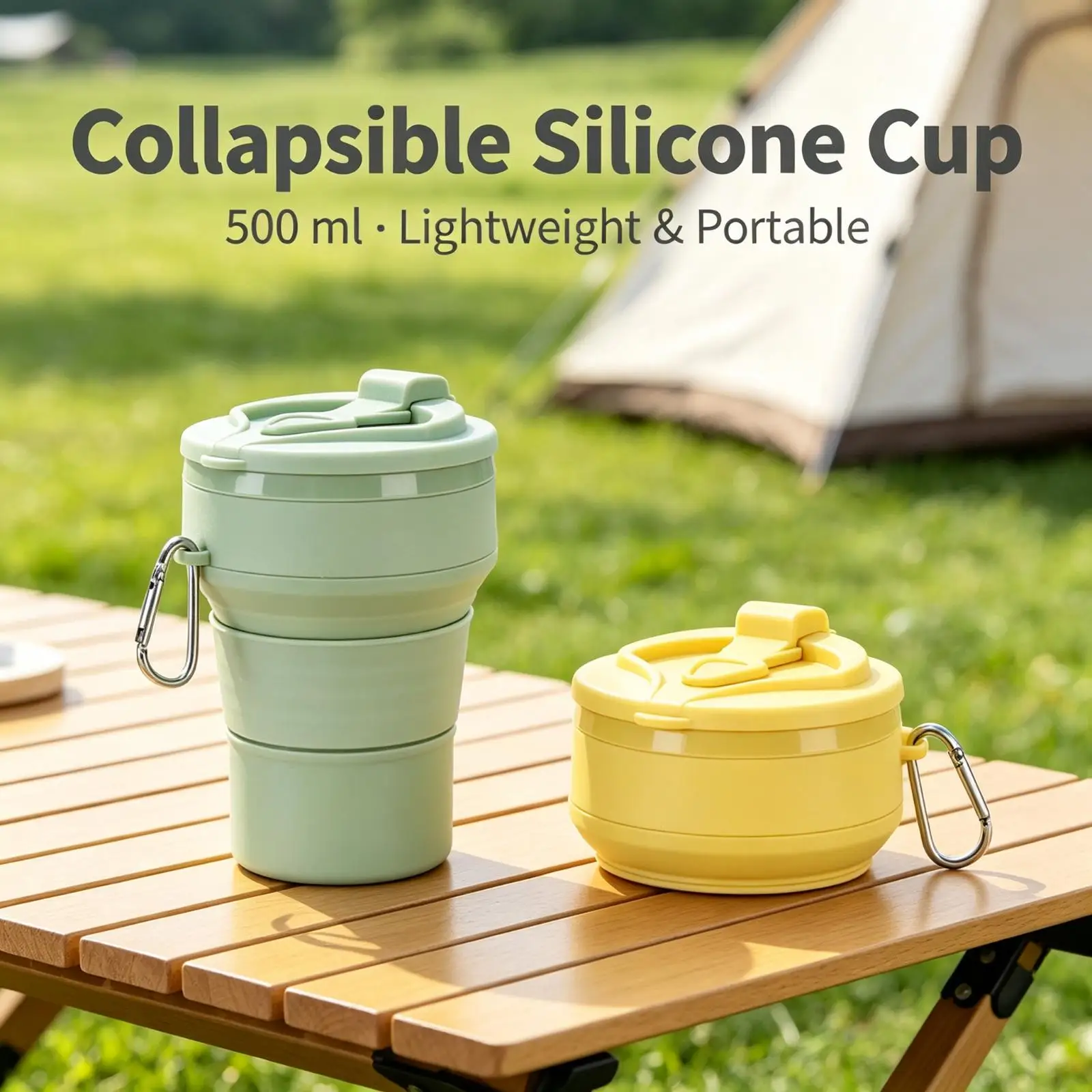 Collapsible Silicone Cup 500ml, Foldable Travel Coffee Cup with Lid & Carabiner, BPA-Free Reusable Camping Mug for Hiking Office