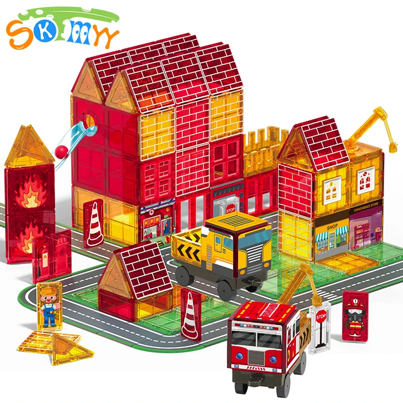 Telhas magnéticas com tema de combate a incêndios, com caminhão de bombeiros e estação, telhas magnéticas de construção, brinquedos de construção para crianças, brinquedos de aprendizagem
