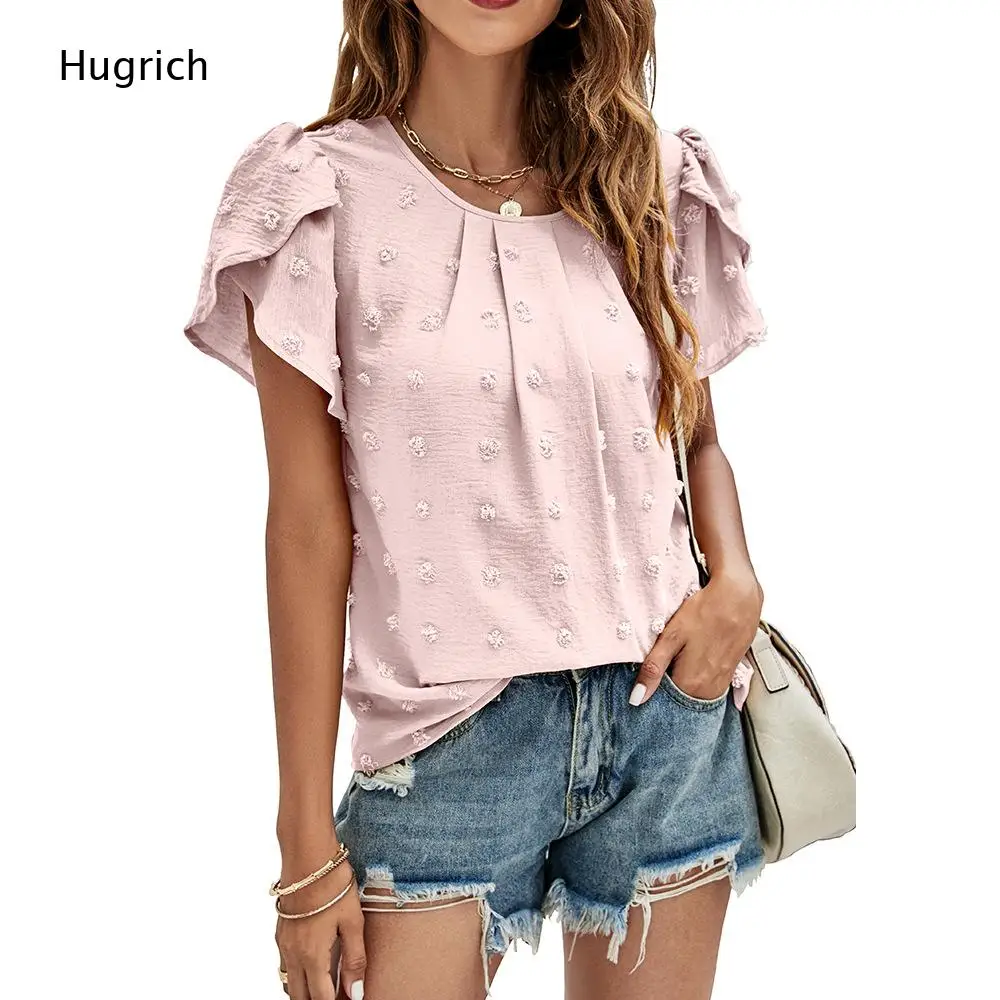 Women's Puff Sleeve Dot Embroidered Top, Casual Loose Fit Short Sleeve Blouse with Ruffle Details for Summer Daily Wear