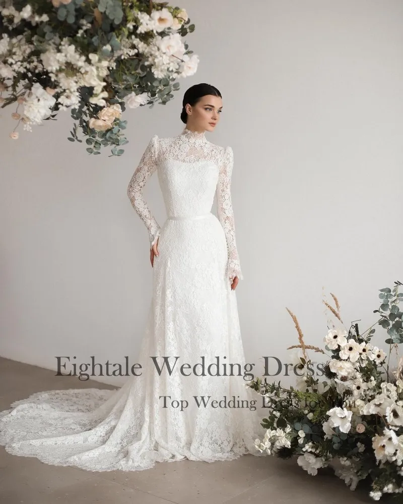 Eightale Luxury Wedding Dresses Lace Customized High Neck Long Sleeves Arabic Mermaid Bridal Gown