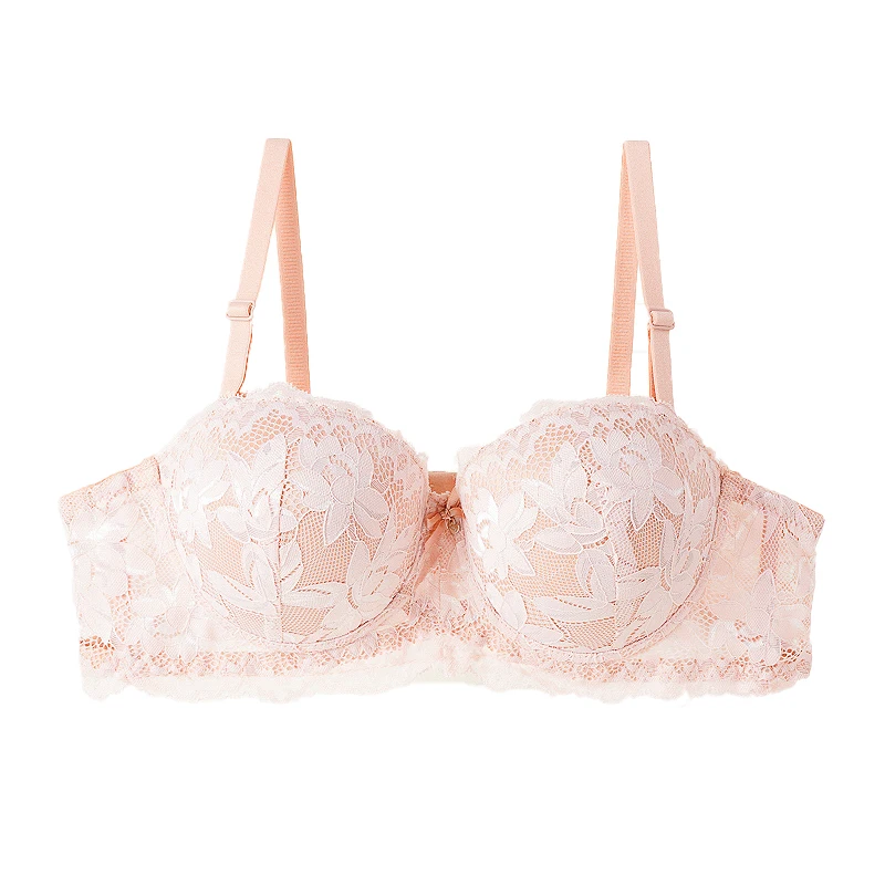Women's Push Up Half Cup Bras French Lace Floral Bralette Thicken Bottom Gathered Underwire 36-42 A/B Cup Small Chest Underwear