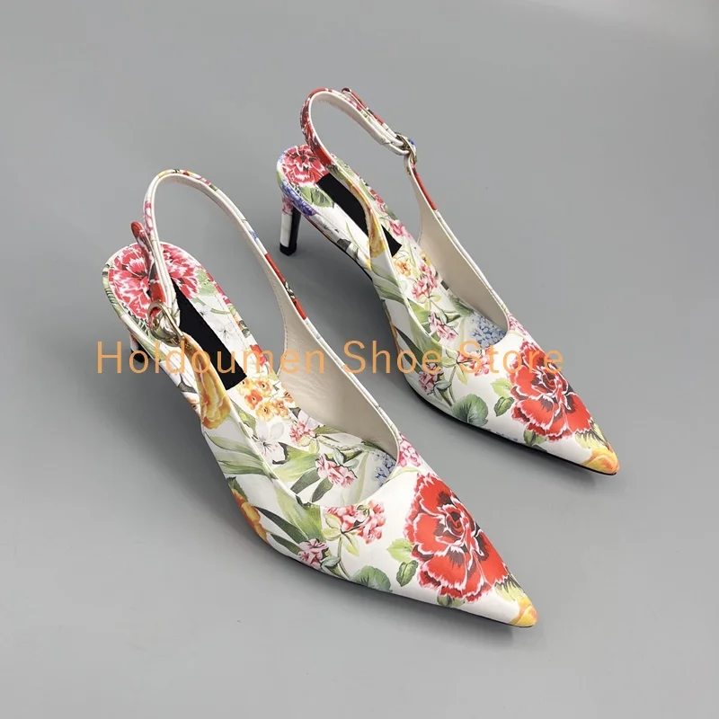 

Retro Flower Green Leaf Print Sexy Leopard Print Wrapped Pointed Toe Stylish Sandals Slingback Back Strap Kitten Heel Sandals