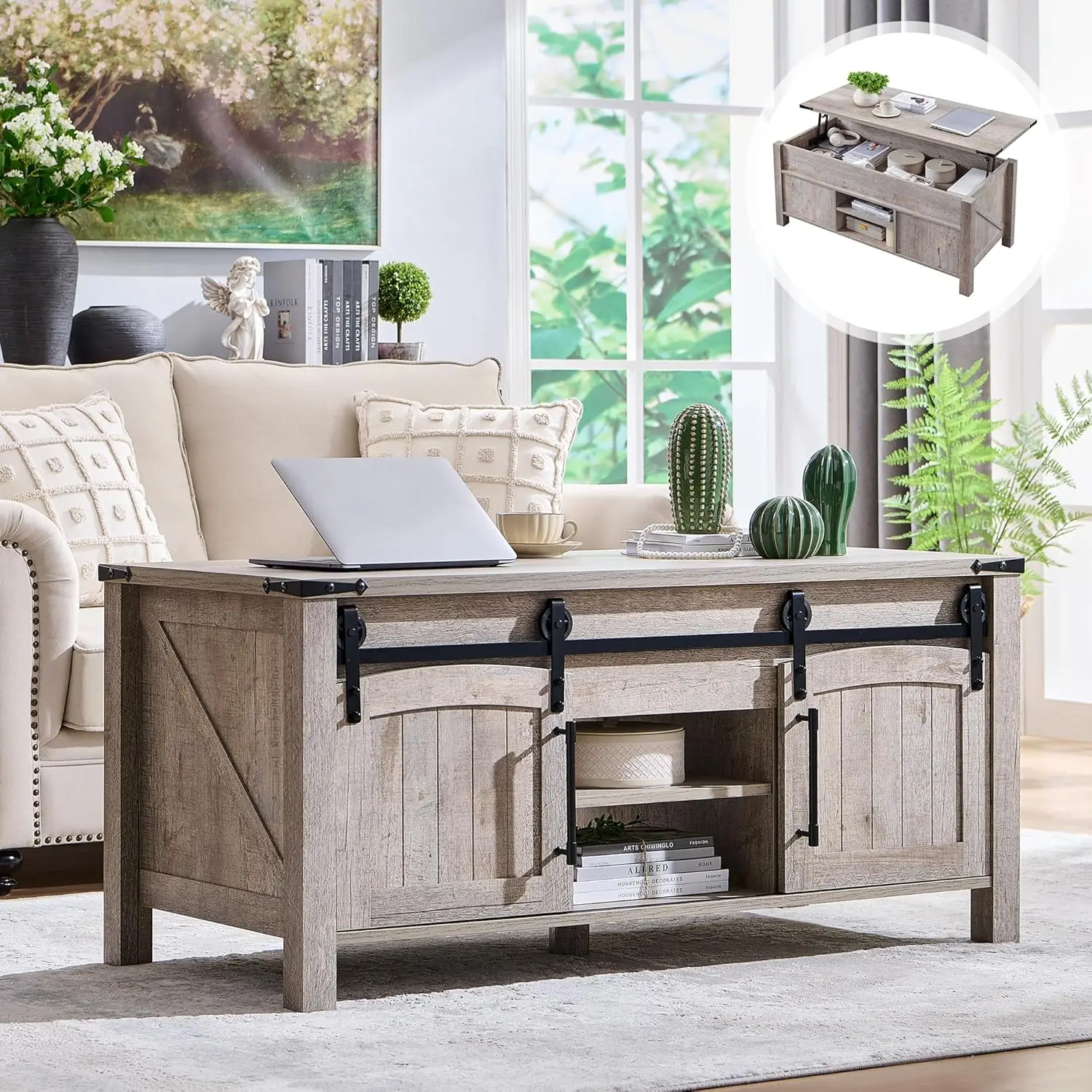 

Coffee Table with Sliding Door, 48" Large Rustic Center Table with Hidden Storage Compartment,Lifting Tabletop, Adjustable Shelf