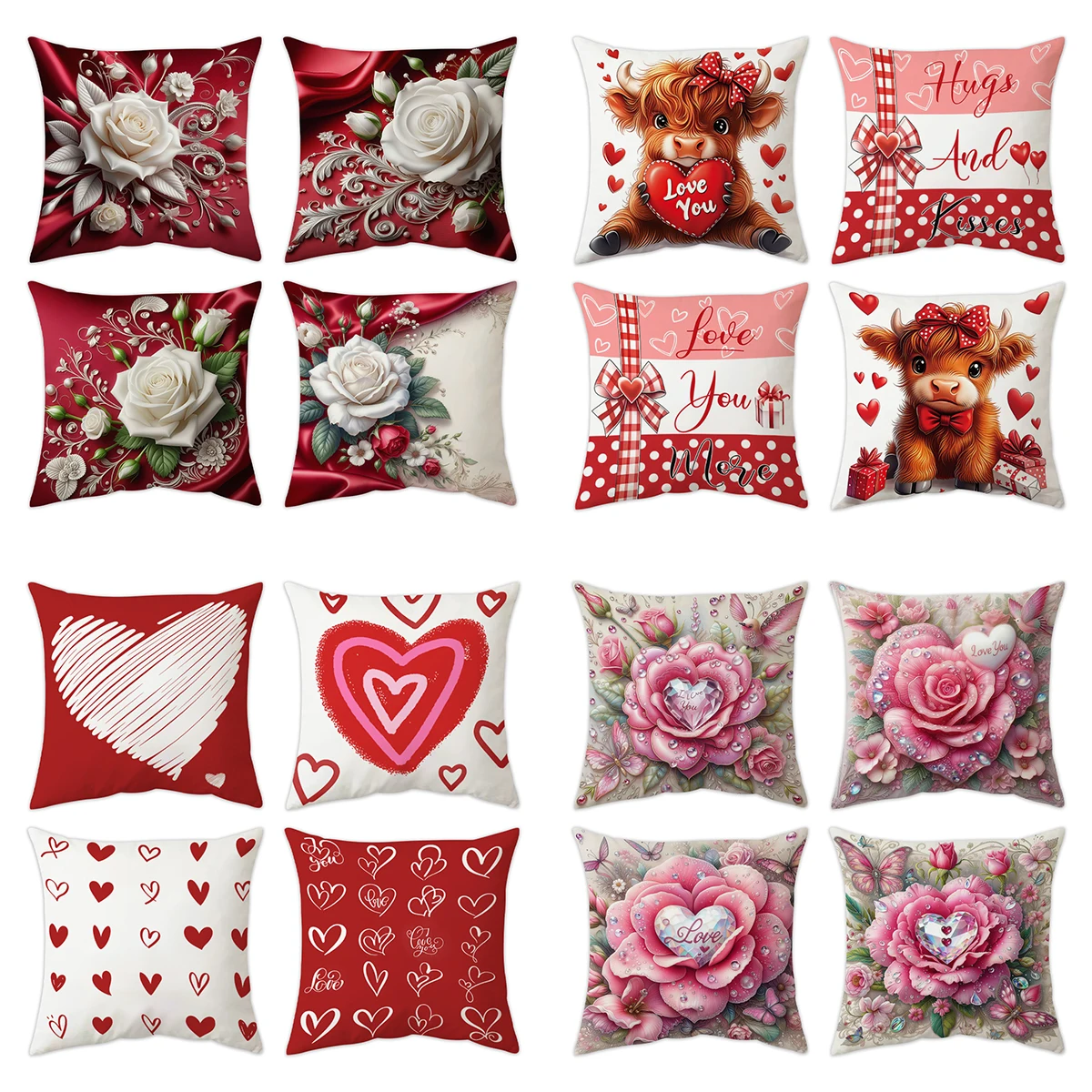 4pc2D flat printed Valentine's Day pillow cover, pink rose with transparent crystal pattern decorative pillowcase, soft plush ma