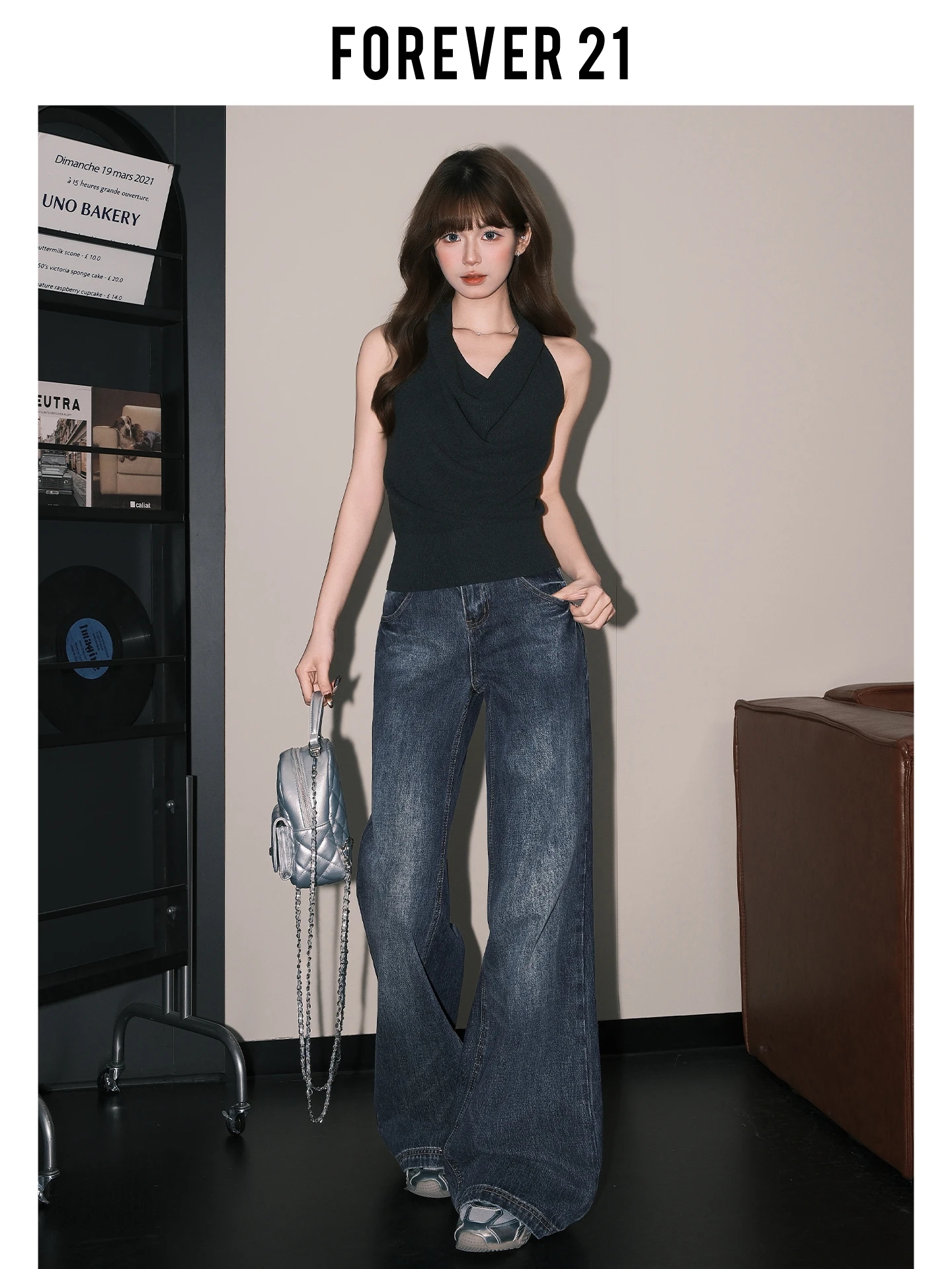 Calça jeans feminina Forever 21 estilo americano, cintura alta, perna larga, jeans azul, vintage, corte solto, calça bootcut