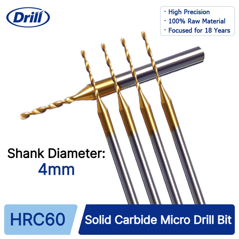 0.3–2.02mm Solid Carbide Micro Drill Bit, 4mm Shank D4, for Metal/Steel/Plastic, CNC Hole Making, 3D Mini Tool, 1PCS