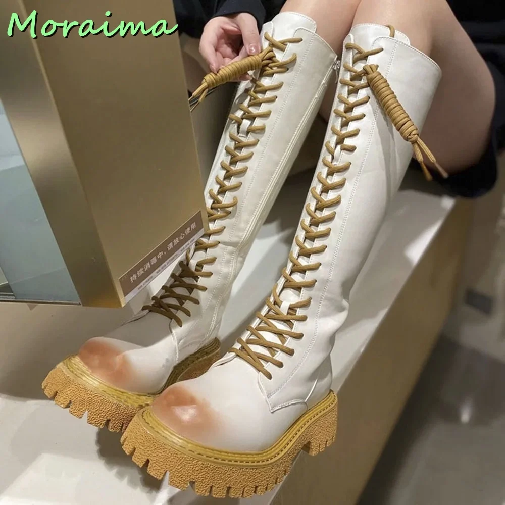 

Fashion Lace Up Knee-High Boots Round Toe Thick Bottom Side Zipper White Solid Leather European Style Women Shoes Autumn Winter