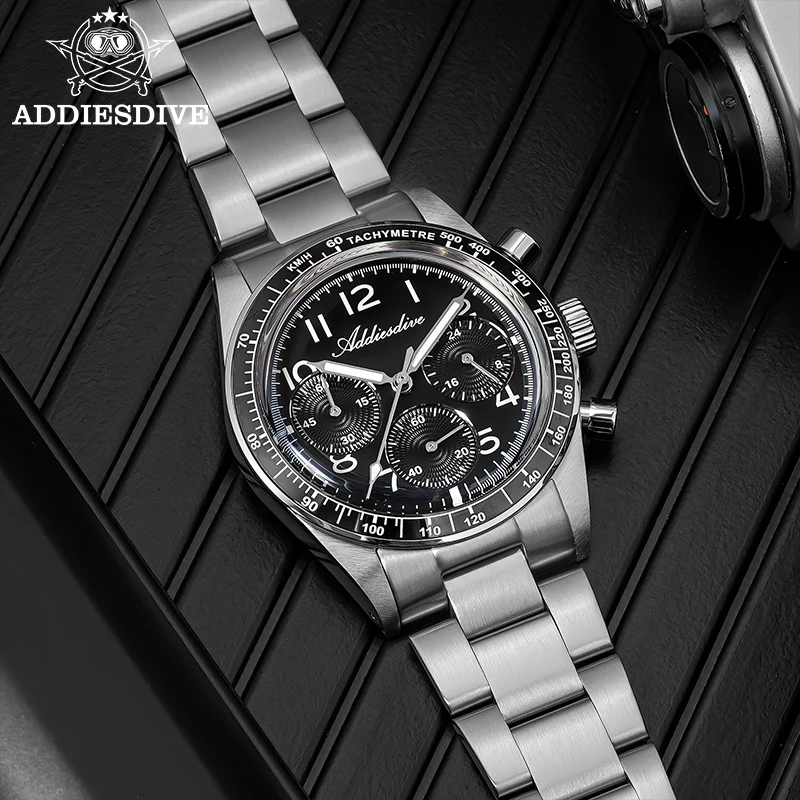 ADDIESDIVE 럭셔리 남성 쿼츠 시계 37mm 세라믹 베젤 발광 100m 방수 시계 고품질 크로노그래프 남성용 시계