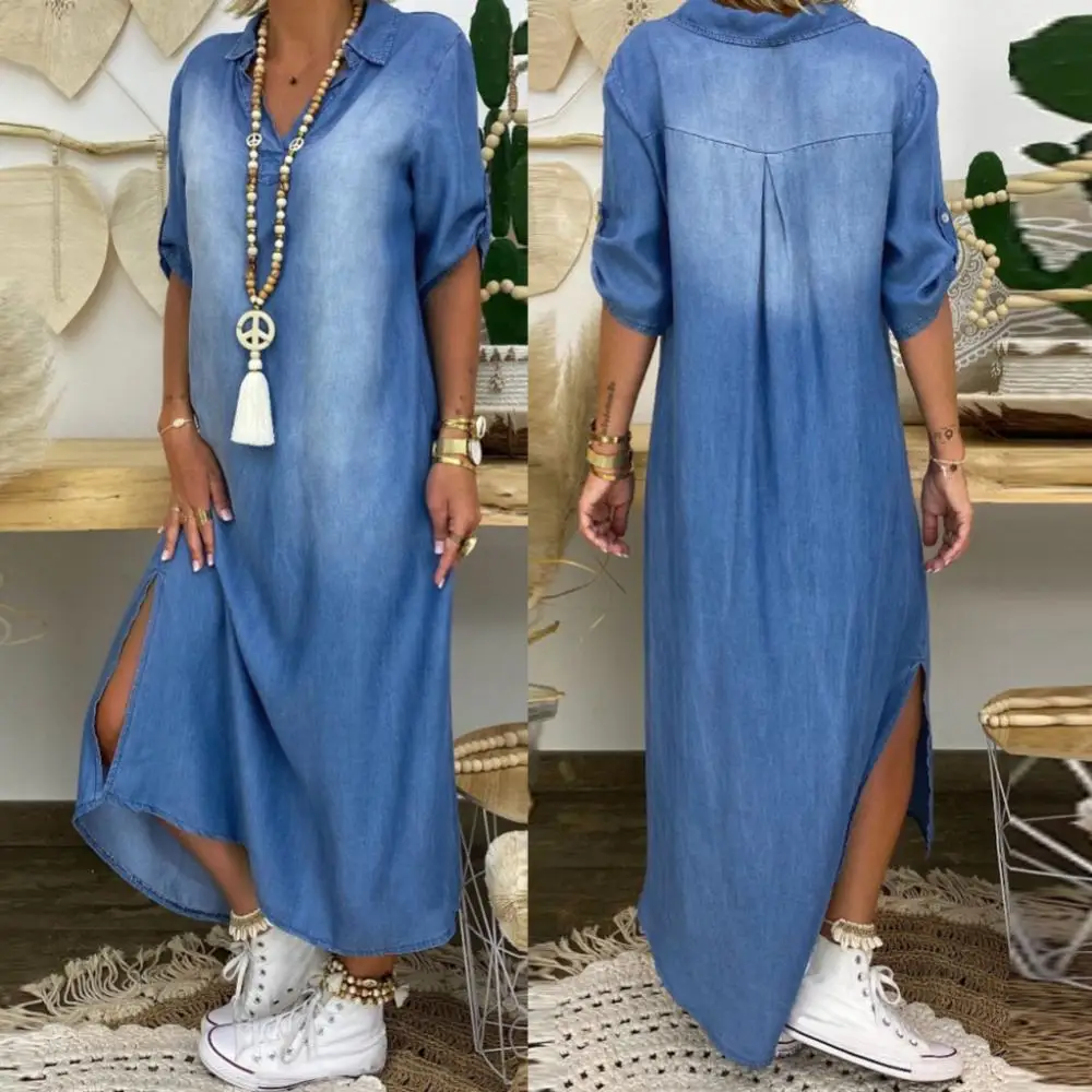 

Women Plus size dress Vintage Summer V Neck Half Sleeve Side Slitting Hem Loose Long Denim Dress Hem Loose Long Denim Dress