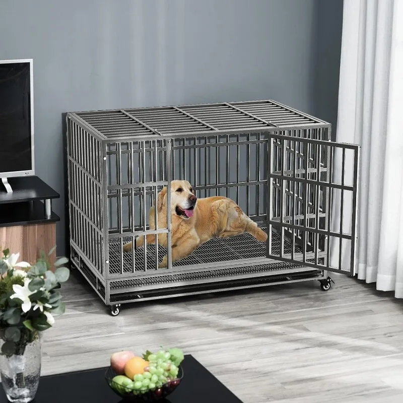 LEMBERI 48/38 inch Heavy Duty Indestructible Dog Crate, Escape Proof Dog Cage Kennel with Lockable Wheels