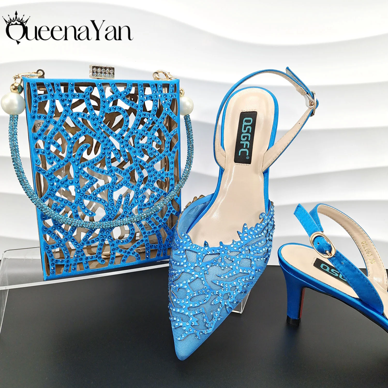 Nigerian Style Elegant Women's Party Shoes  Luxury Full of Diamonds Shoes Sky Blue Pointed High Heel Shoe Bag Set