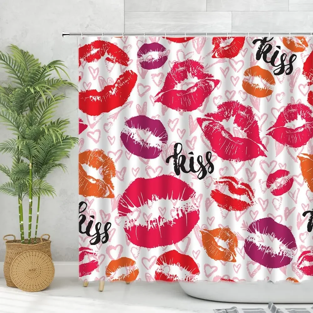 Lip Shower Curtain Red Kiss Abstract Pink Heart-Shaped Funny Creative Valentines Day Modern Polyester Bathroom Curtain with Hook