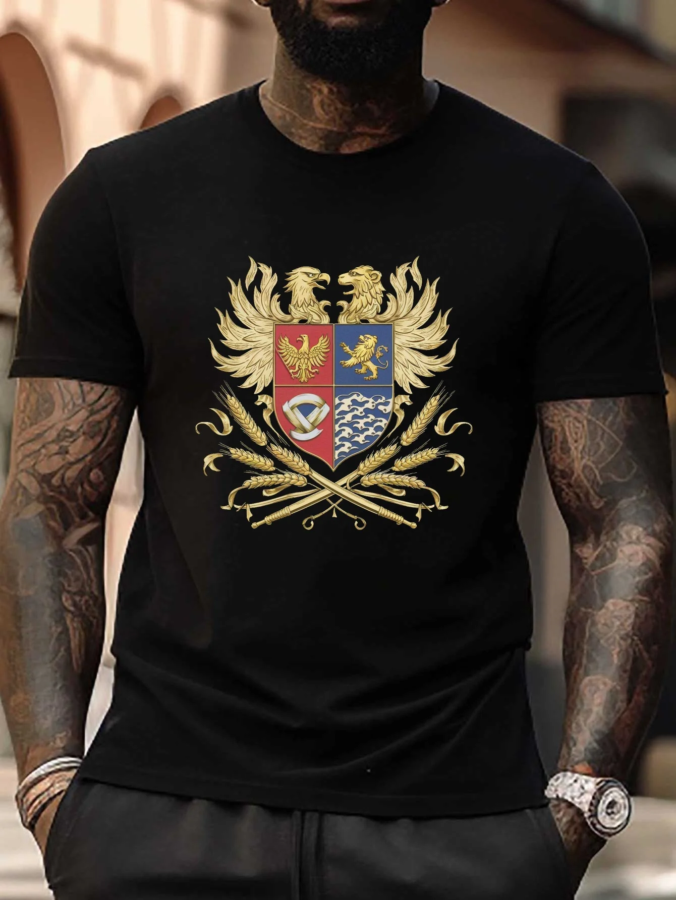 

Heraldic Shield Eagle Lion Medieval Coat of Arms T-Shirt 100% Cotton O-Neck Short Sleeve Summer Casual Mens T-shirt Streetwear