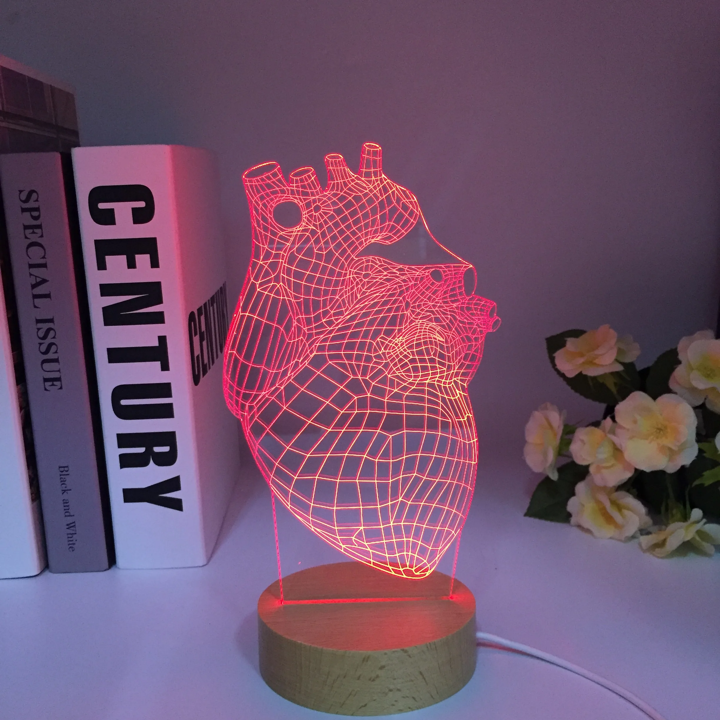 The Heart Shape Wooden Round Base 3D Lamp Battery Powered 7 Colors Present for Children Atmosphere Led Night Light Lamp Dropship