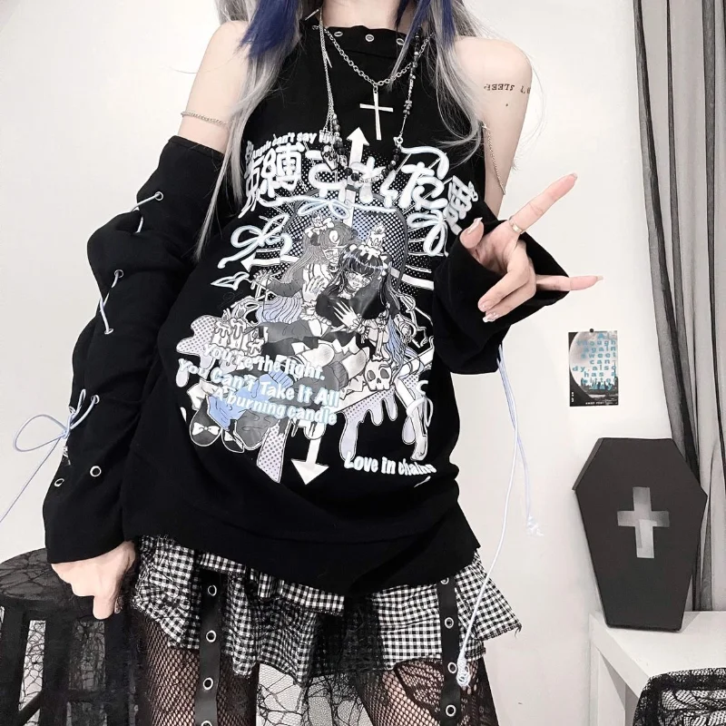 Punk Gothic Streetwear Y2k Clothes Off Shoulder Cartoon Print Bandage Spring Autumn T Shirts Casual Loose Preppy Style Tops 2022