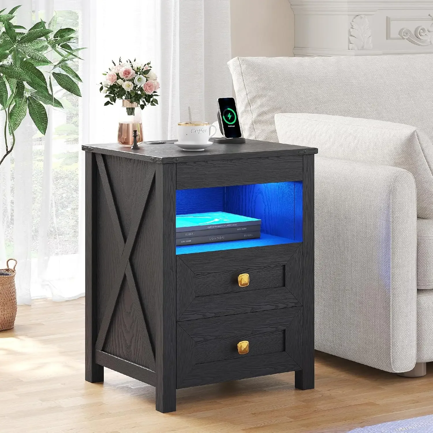 

Farmhouse Nightstand With Gun Drawer Bedside Table With Charging Station Led Light Human Sensor Smart End Table For Bedroom Blac