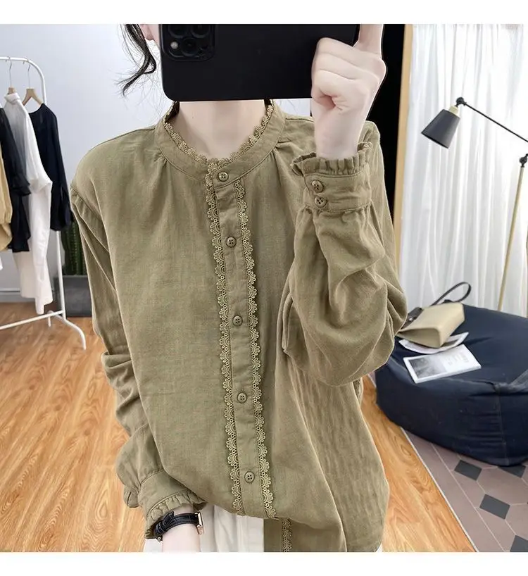 2023 New Spring Summer Round Neck Long Sleeve Loose Single-breasted Solid Color Lace Ruffles Korean Style Office Women\'s Shirt