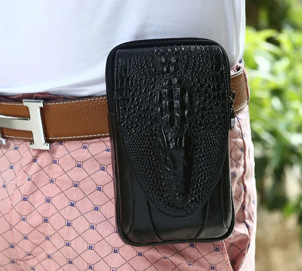 Men Genuine Leather Waist Bag Crocodile Grain Cell/Mobile Phone Cover Case Pocket High Quality Cowhide Hip Belt Bum Fanny Pack