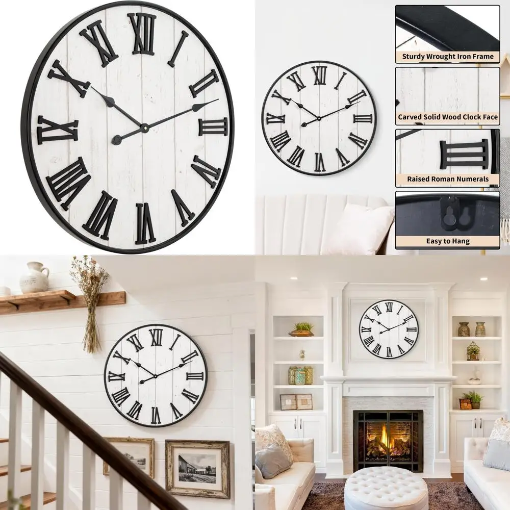 

Большие деревянные настенные часы в деревенском стиле, 24 дюйма, белые, в стиле фермерского дома, с резными римскими цифрами, бесшумные, на батарейках