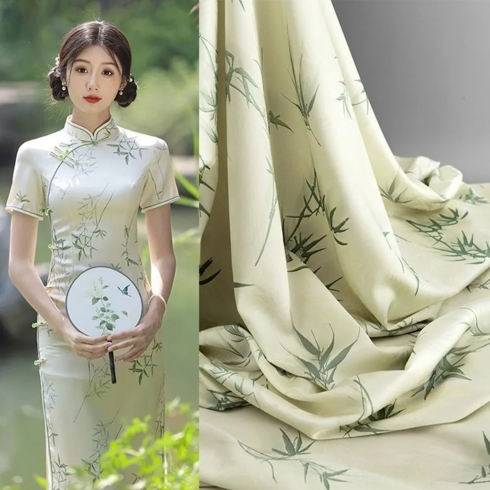

Green bamboo leaf print fabric with plant patterns for traditional Chinese-style cheongsam, Hanfu, and creative clothing design