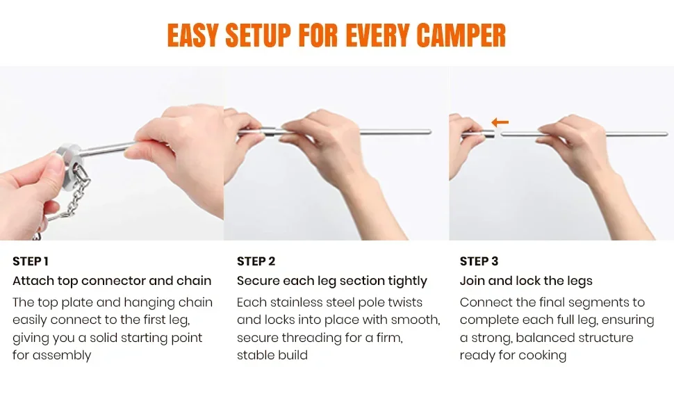 Step-by-step images of joining stainless steel pole sections to build a campfire tripod.