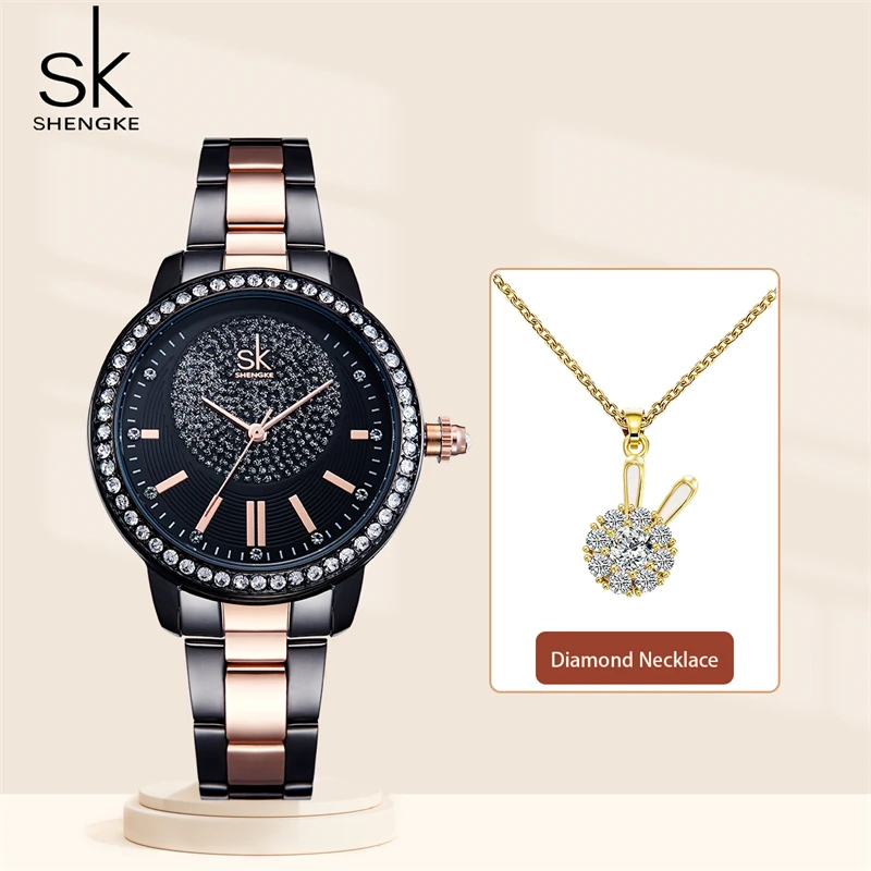 

Shengke Hot Sales Woman's Watches Fashion Ladies Watch Set Diamond Necklace Best Gifts for Female Quartz Wristwatches Montre