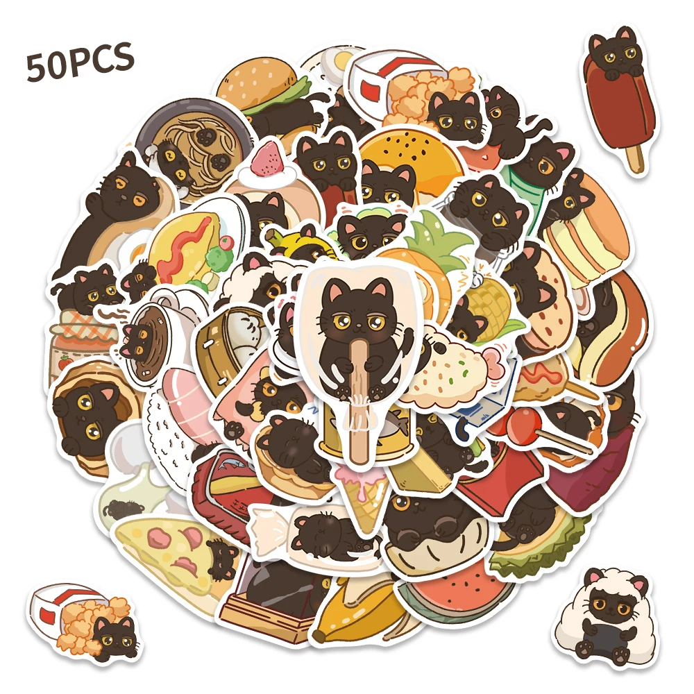 

50 шт., мультяшный милый черный кот, Gluttony, дневник, граффити, украшения, наклейки для ноутбука, багажа, телефона, скейтборда, наклейки для ноутбука