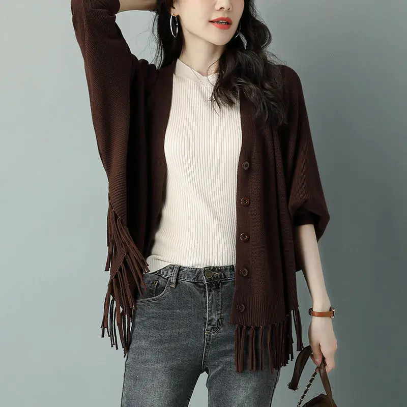 New Women\'s Clothing Solid Color Knitted V-Neck Long Sleeve Commuter Autumn Winter Casual Spliced Sweaters Cardigan