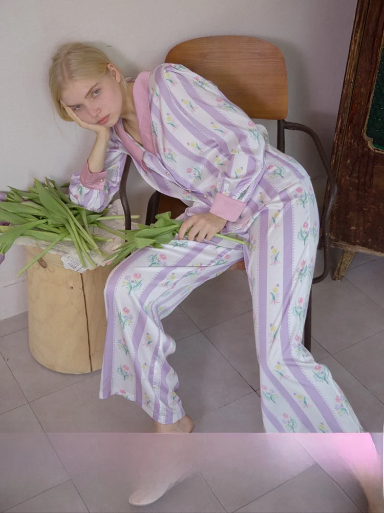 RooMance Women's Ice Silk Sleepwear Set Striped Color Block Home Clothes Summer Lightweight Loose Fit Short Sleeve Nightgown