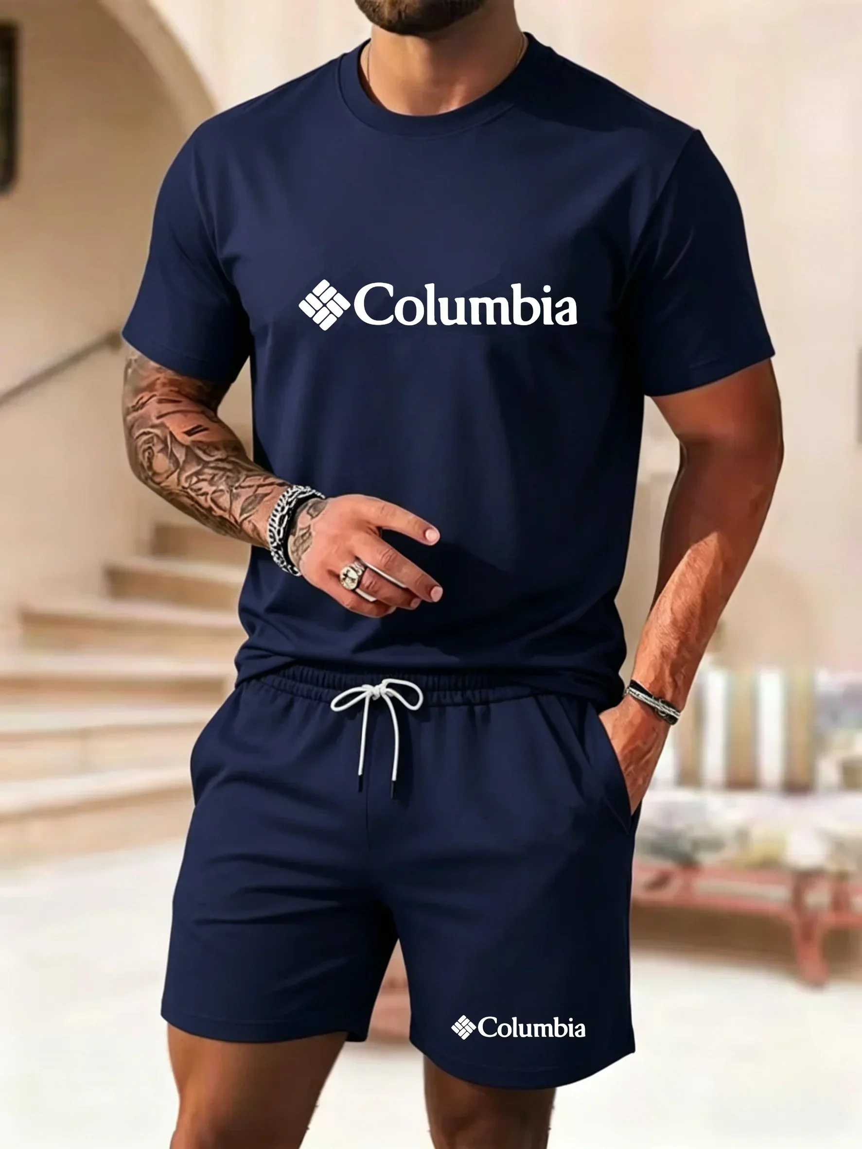 ummer New Men's Fashion Outdoor Sports Set Printed Short Sleeve T-shirt+Shorts Loose Home Leisure Two Piece Set