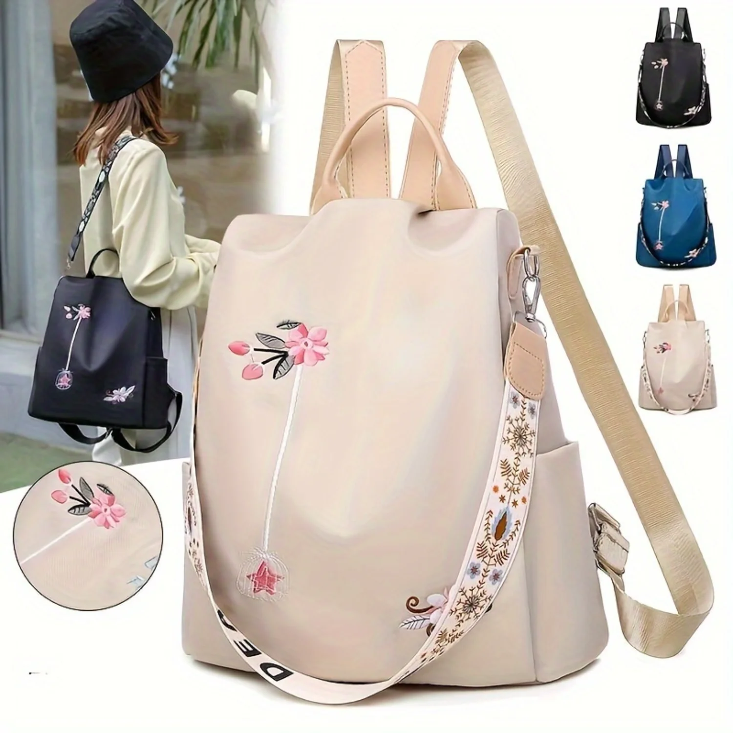 

Embroidered Backpack Purse, Waterproof Nylon Shoulder Bag, Anti-theft Travel Schoolbag For Women Wet towel holder camping