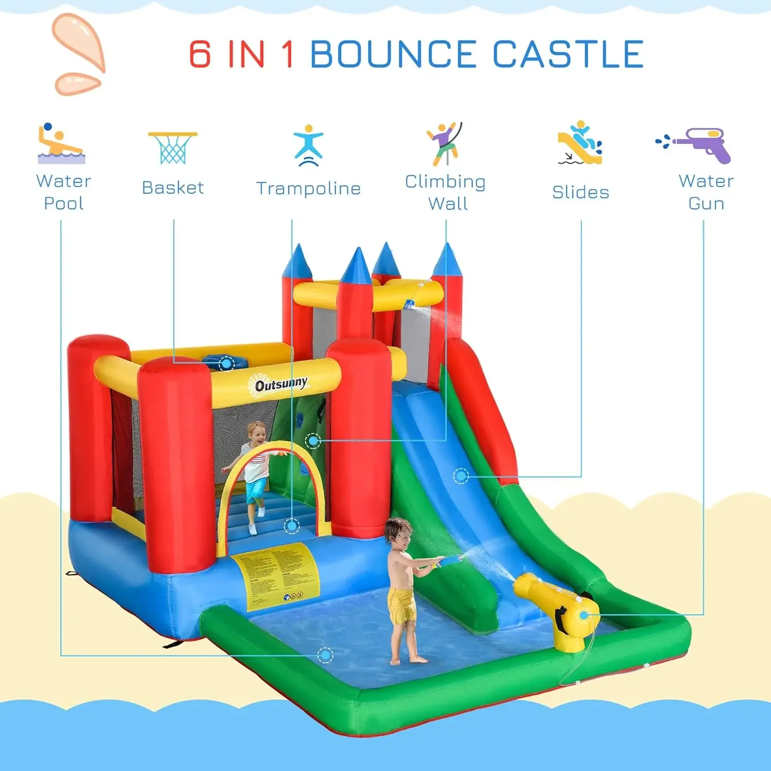 6-in-1 Kids Bounce House สไลเดอร์น้ําทําให้พองพร้อมสระว่ายน้ํา, ปืนใหญ่น้ํา, ผนังปีนเขา, รวมเครื่องเติมลม, กระโดดหล่อ