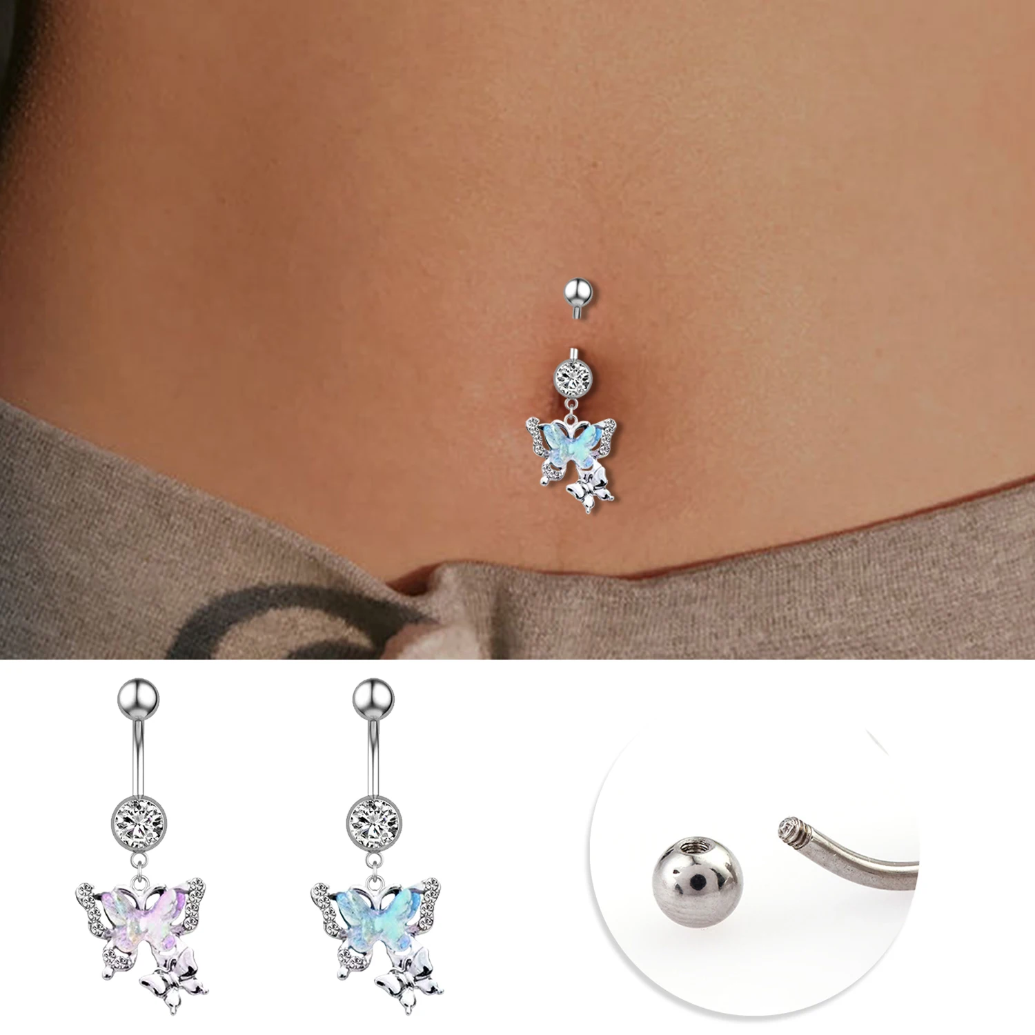 Butterfly Belly Button Rings Punk Stainless Steel Dangle Zircon Dangle For Women Belly Navel Rings Body Belly Piercing Jewelry