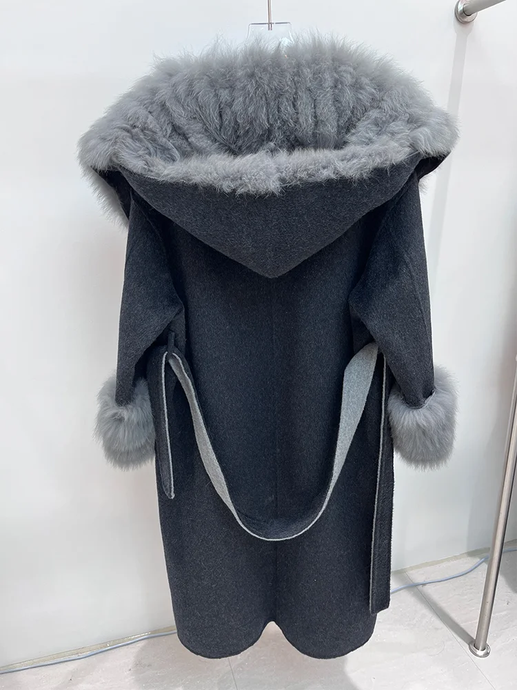 2025 New Winter Woolen Wool Jacket Real Natural Fox Fur Collar Cuff Coat Ladies Outwear Female Coat Women Luxury Jacket