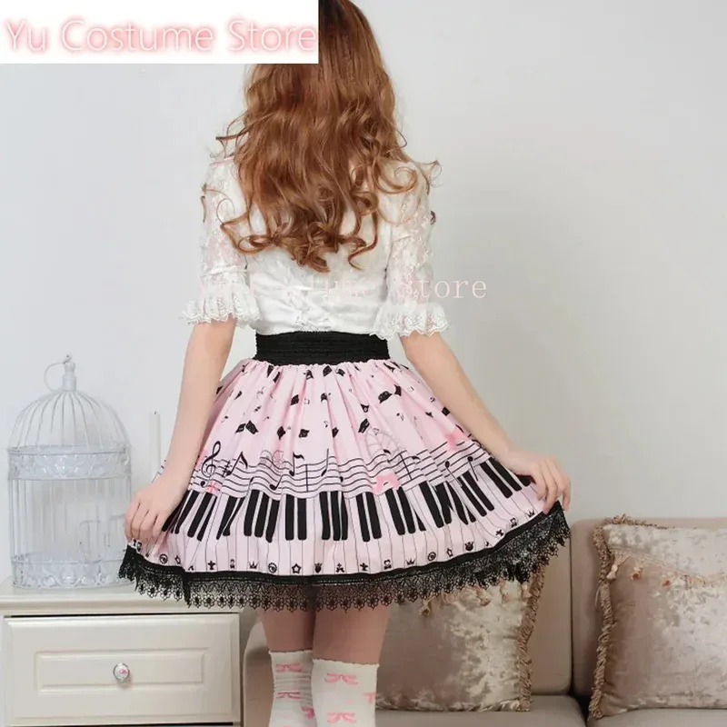 CyKawaii dulce niña rosa poliéster encaje Piano Keybord impreso falda Lolita falda rosa disfraz Yu