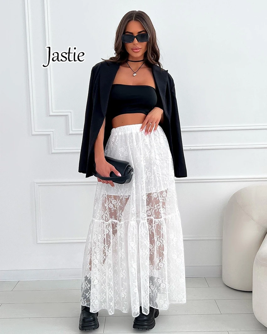 

Jastie 2024 Summer White Lace Skirts Women Fashion Transparent A-Line Long Skirts Casual Elastic Waist Sexy Pleated Skirts Femme