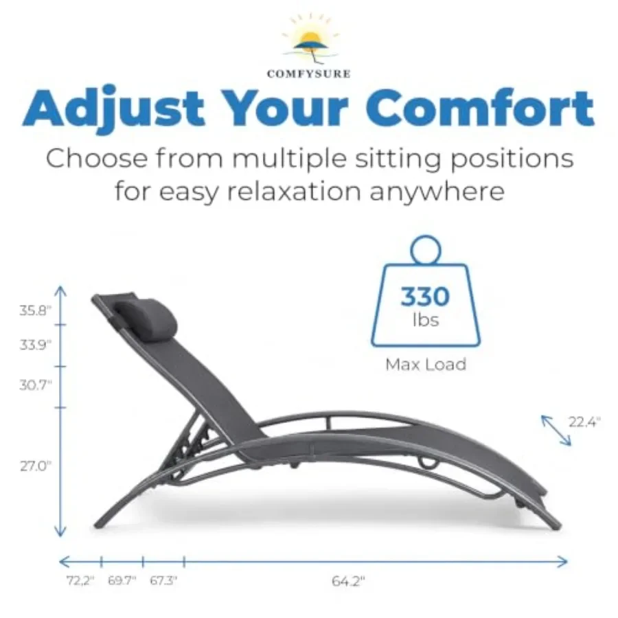 Aluminum Lounge Chairs Set of 2 for Outdoor Use, Textilene Fabric, Gray, UV-Resistant 4-Position Reclining with Headrest Pillow