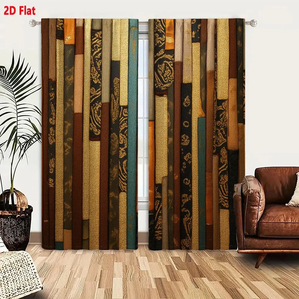 2Pcs Curtains 2D Flat Vertical Rectangular Strips Fabric Paper Earthy Tones Muted Blues Creams Blacks Intricate Gold Floral Pais