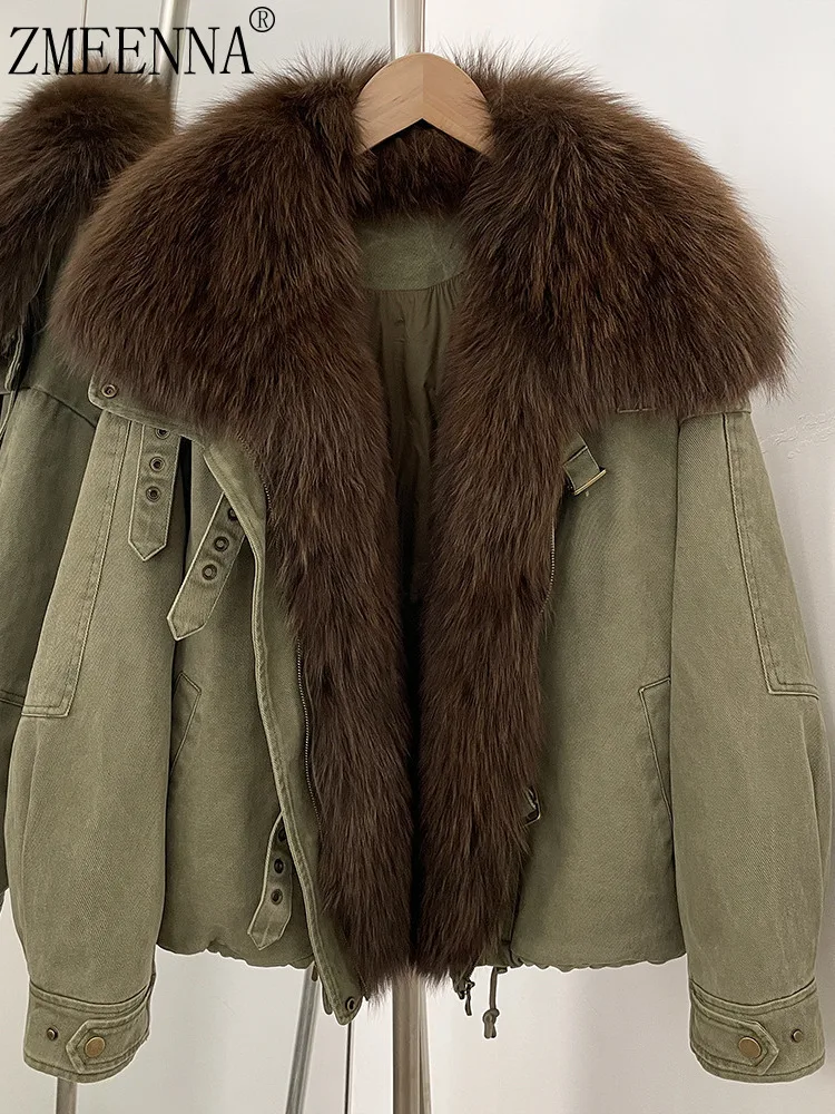 

ZMEENNA женская зеленая короткая куртка с очень большим коричневым меховым воротником, роскошная теплая зимняя повседневная верхняя одежда ZM4377