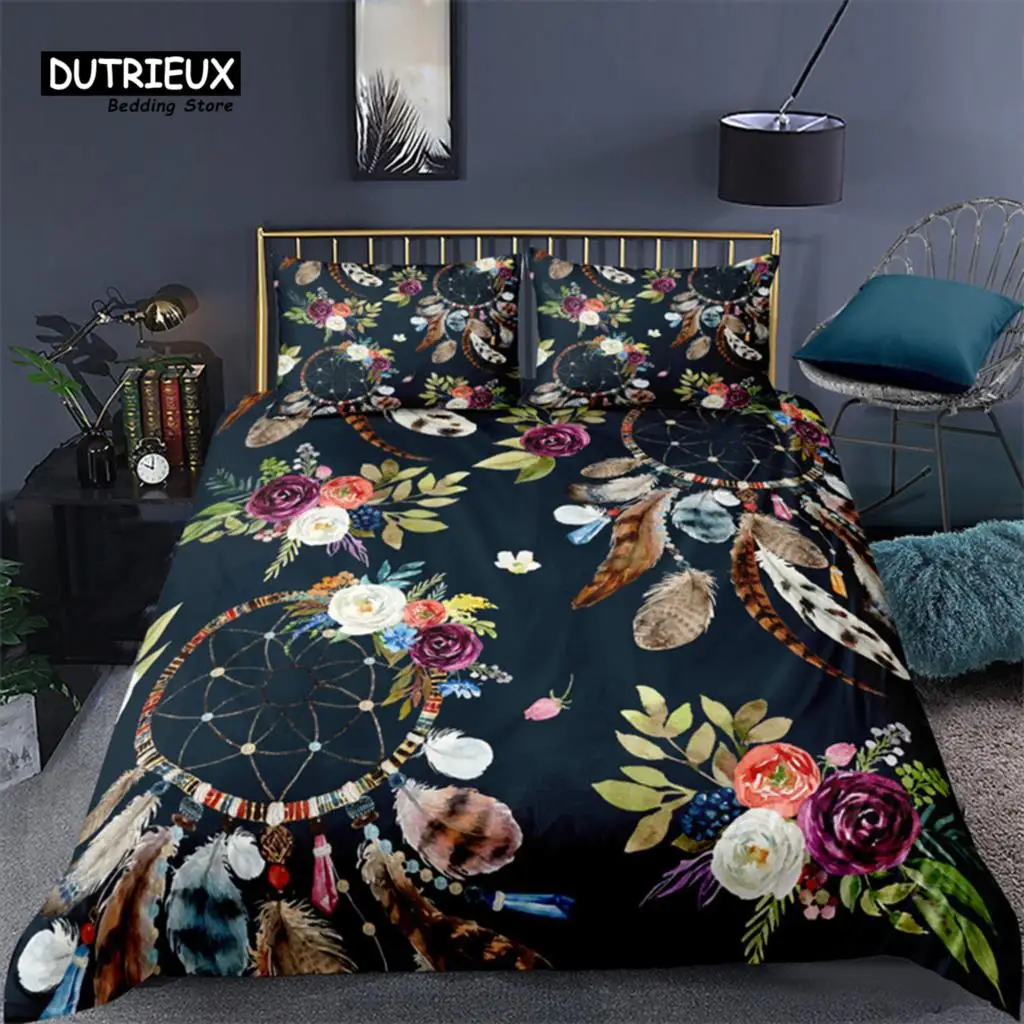 Bohemian Duvet Cover Set Dreamcatcher Geometric Feather Print Bedding Set King Queen Size Room Decor Microfiber Comforter Cover
