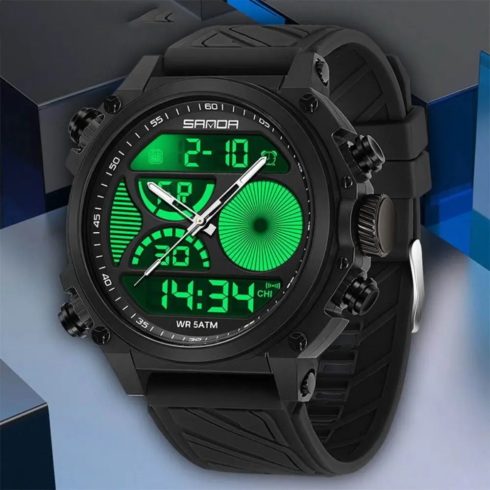 

Водонепроницаемые мужские кварцевые часы с большим циферблатом и двойным дисплеем, спортивные электронные часы, силиконовый ремешок, серебристые серебристые наручные часы