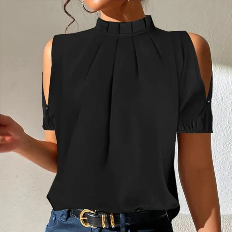 2024 Summer Solid Color Short Sleeve Shirts & Blouses Blusas Elegantes Camisas Black Stand Collar Korean Blouse Tops For Woman