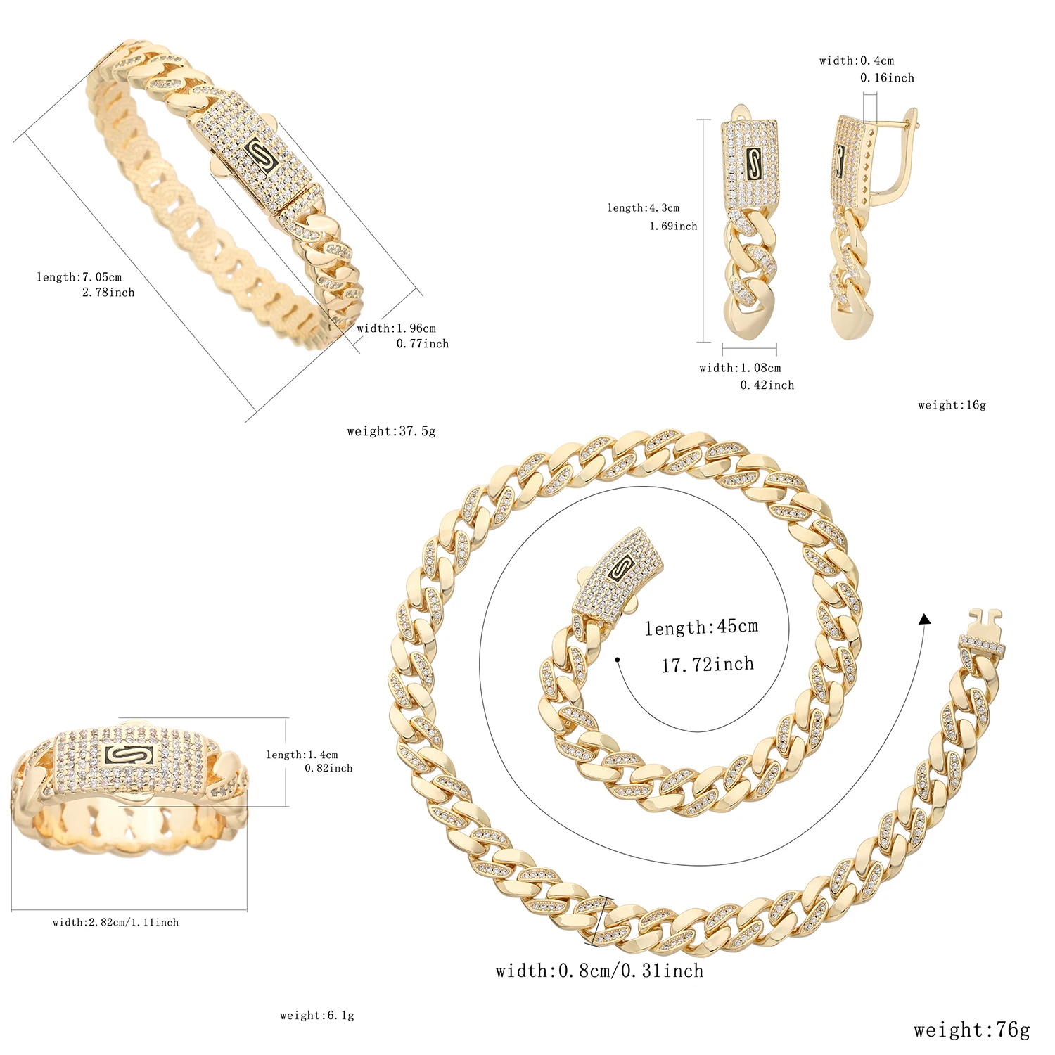 A Set of White Zirconia Jewelry with Brass and Diamond Inlay, Including a Necklace, Bracelet, Ring, and Earrings, 4-Piece Set